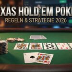 Eine dynamische Aufnahme eines Pokertisches mit Chips, Karten und der Aufschrift "TEXAS HOLD'EM POKER - REGELN & STRATEGIE 2026".