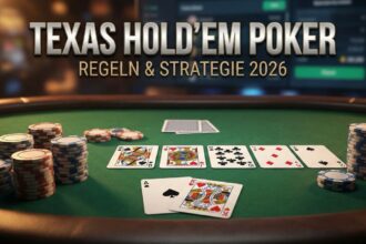 Eine dynamische Aufnahme eines Pokertisches mit Chips, Karten und der Aufschrift "TEXAS HOLD'EM POKER - REGELN & STRATEGIE 2026".