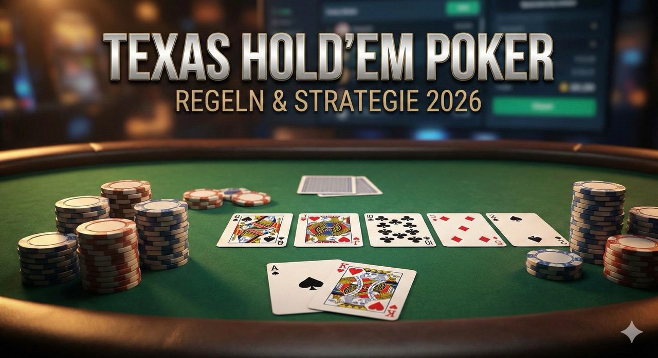 Eine dynamische Aufnahme eines Pokertisches mit Chips, Karten und der Aufschrift "TEXAS HOLD'EM POKER - REGELN & STRATEGIE 2026".