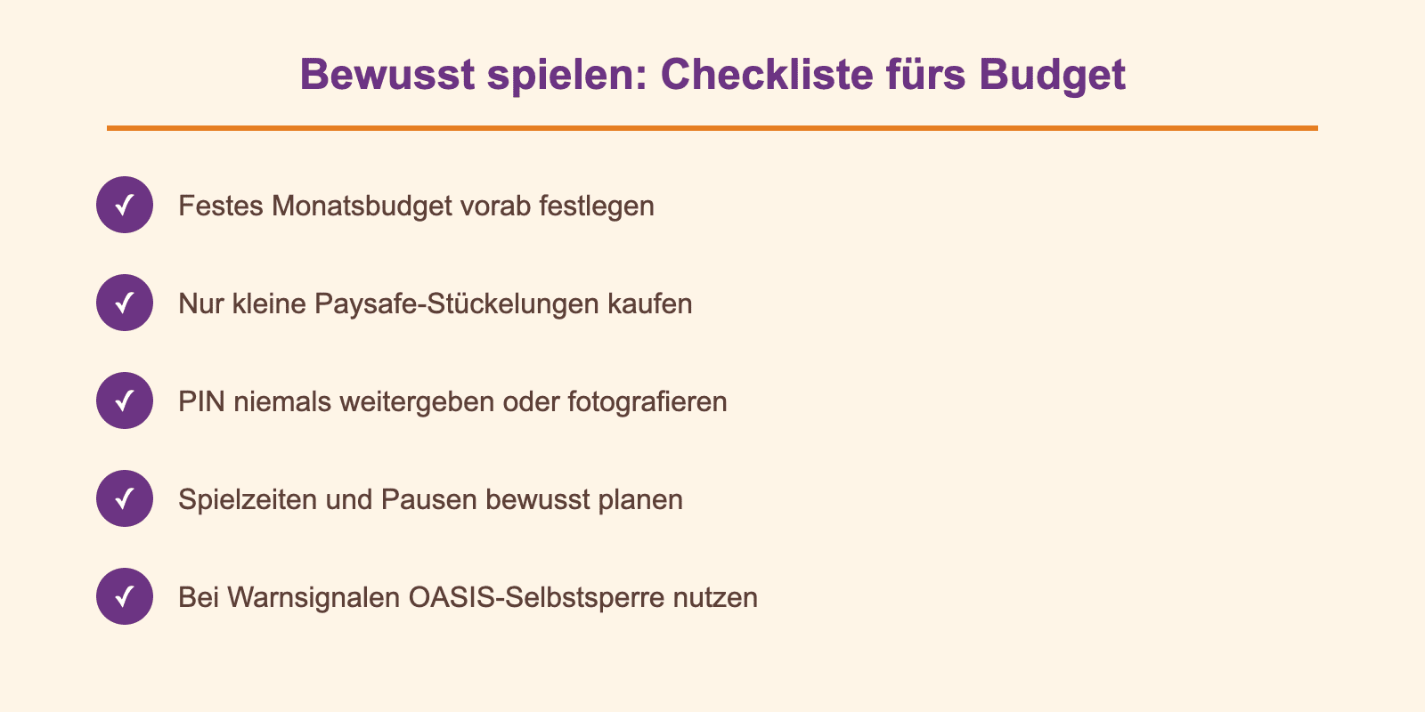 Checkliste für bewusstes Spielen und Budgetkontrolle mit Paysafe