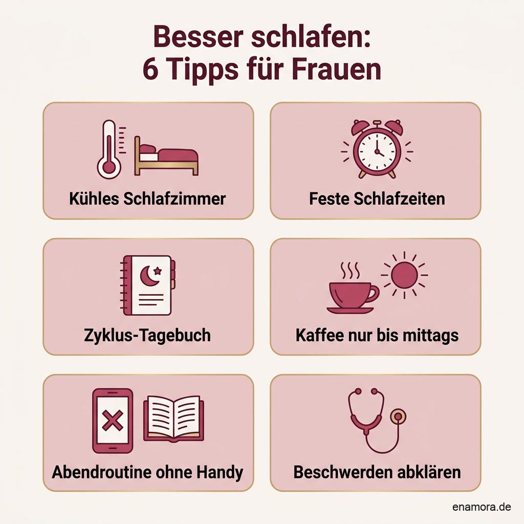 Infografik: Sechs Tipps für besseren Schlaf bei Frauen – kühles Schlafzimmer, feste Schlafzeiten, Zyklus-Tagebuch, Kaffee nur bis mittags, Abendroutine ohne Handy, Beschwerden abklären