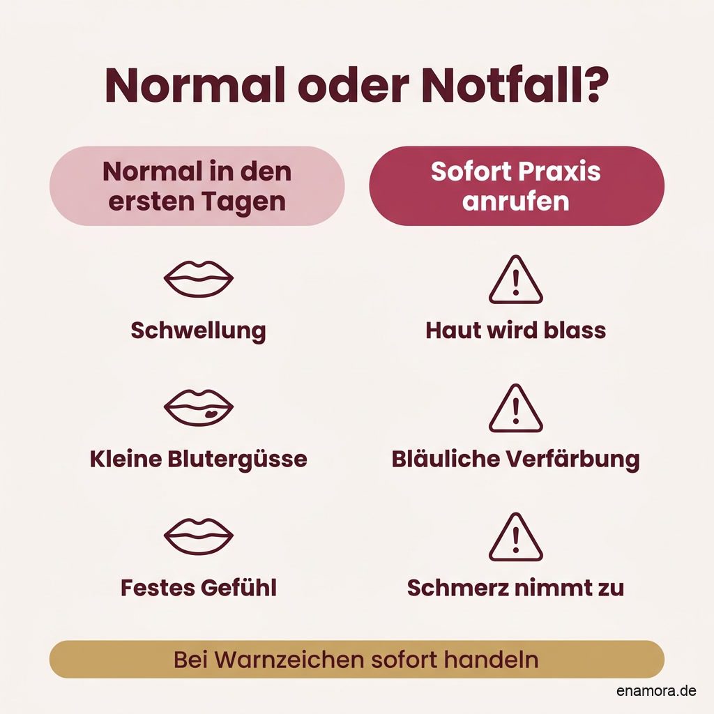 Infografik: normale Reaktionen nach dem Lippen aufspritzen wie Schwellung und kleine Blutergüsse im Vergleich zu Warnzeichen eines Gefäßverschlusses wie Hautverfärbung und zunehmendem Schmerz