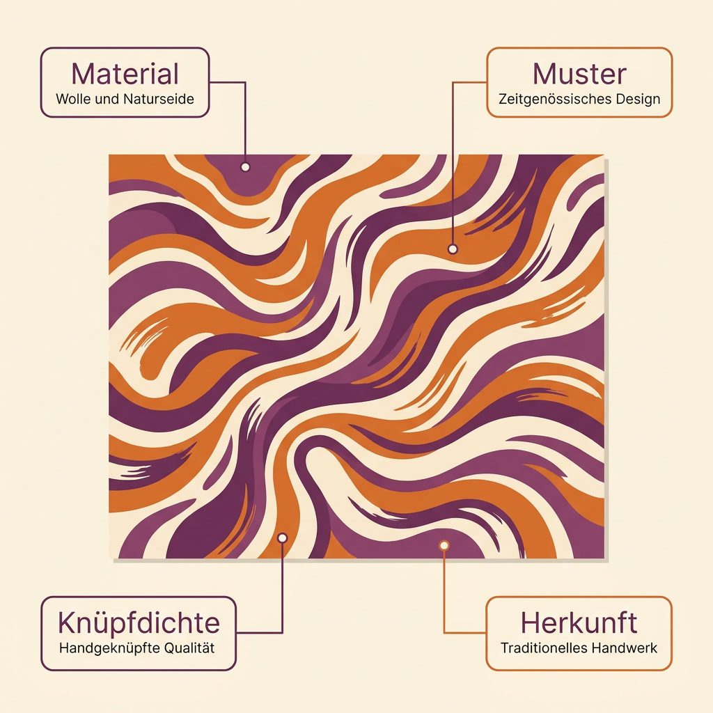 Infografik: Material, Muster, Knüpfdichte und Herkunft eines Designer-Teppichs