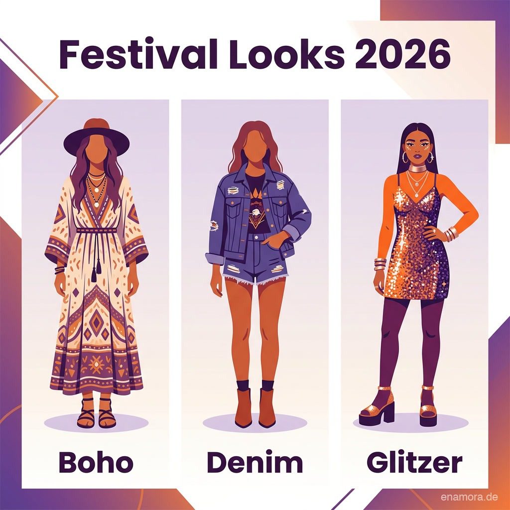 Infografik: Drei Festival-Outfit-Styles Boho, Denim und Glitzer für Damen 2026