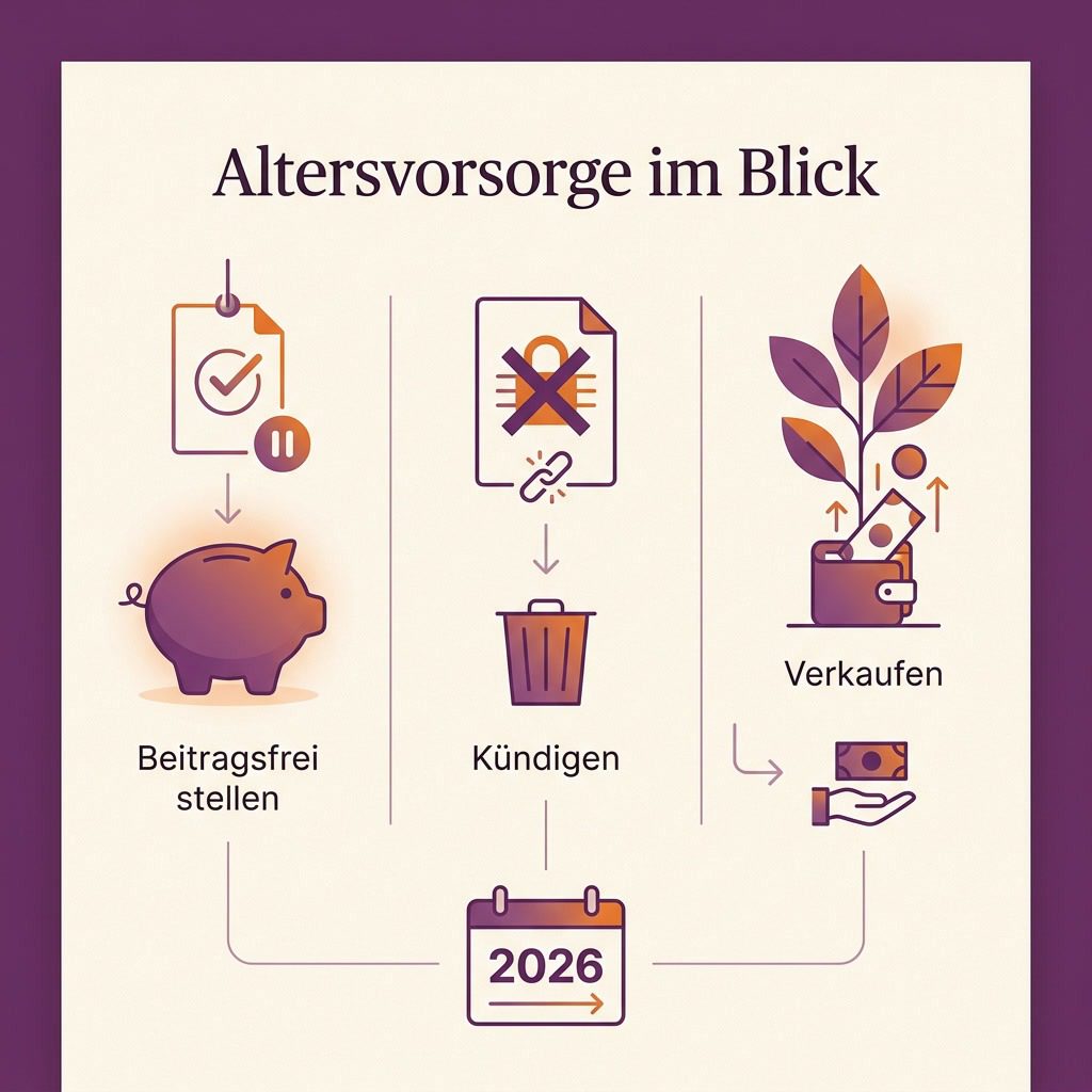 Infografik: Beitragsfrei stellen, Kündigen oder Verkaufen einer privaten Rentenversicherung