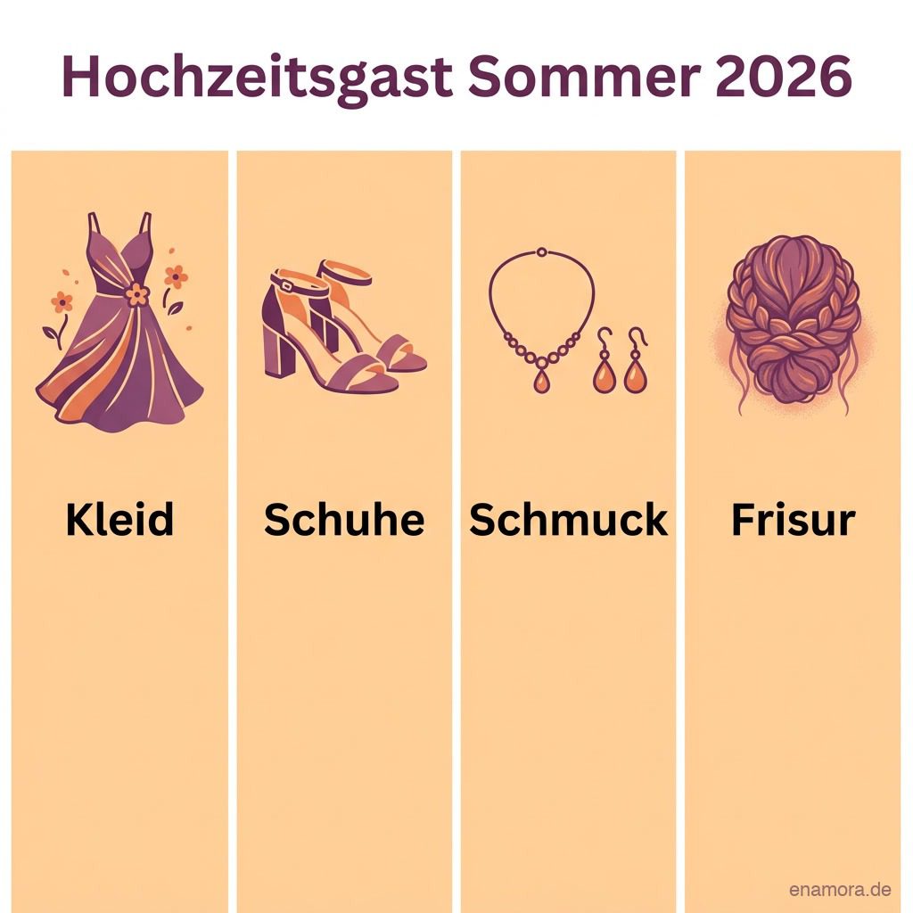 Infografik: Hochzeitsgast-Outfit Sommer 2026 mit Kleid, Schuhen, Schmuck und Frisur