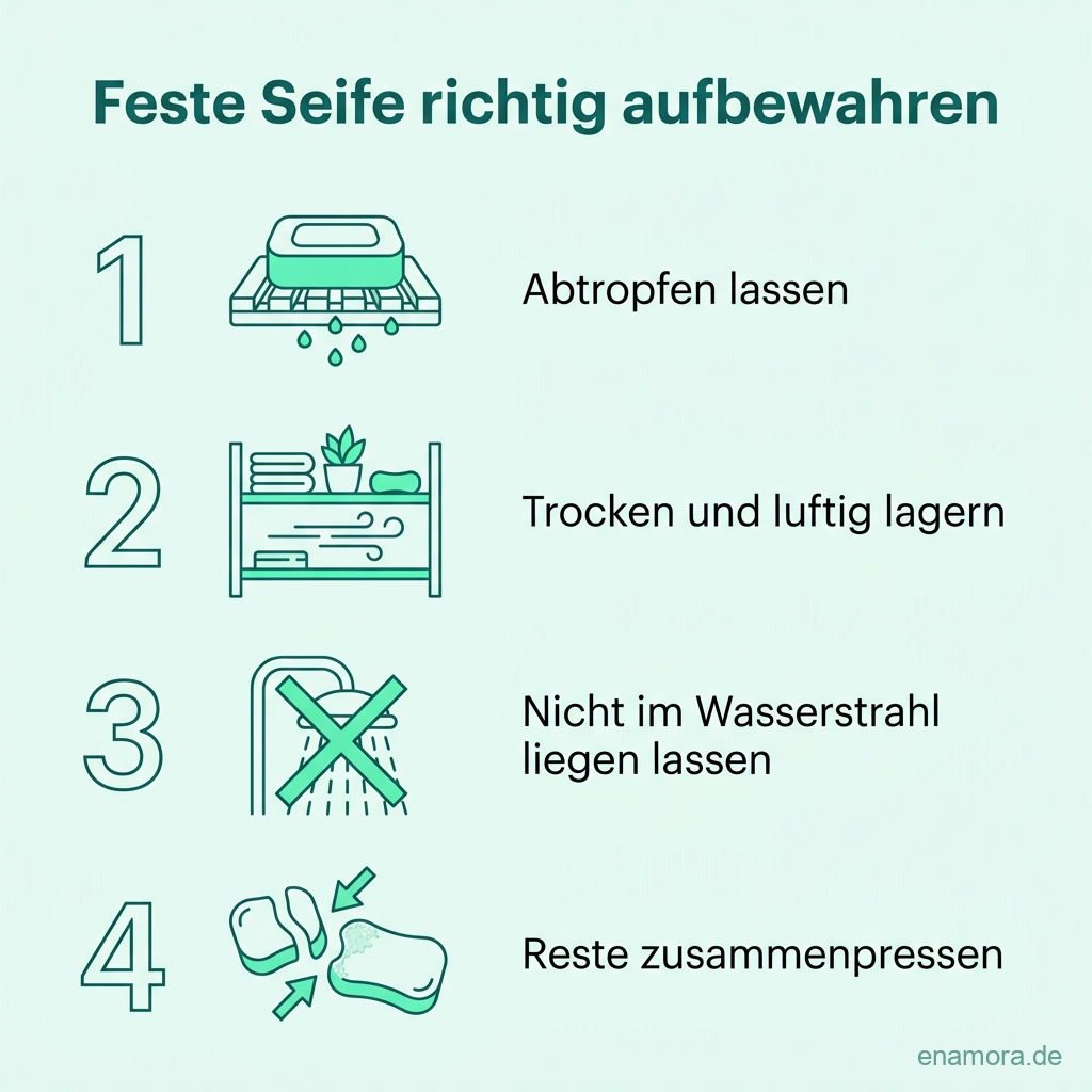 Infografik: Feste Seife richtig aufbewahren in vier Schritten - abtropfen lassen, trocken lagern, nicht im Wasserstrahl, Reste zusammenpressen