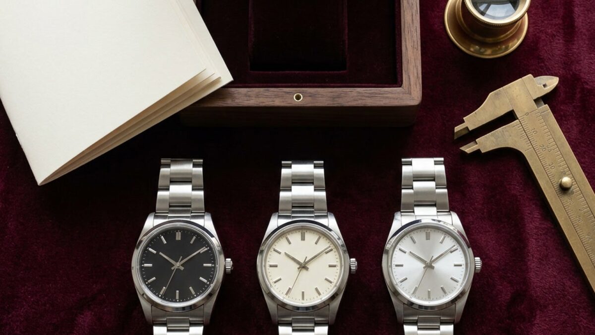 Drei hochwertige Armbanduhren mit Uhrenbox, Lupe und Messschieber auf bordeauxfarbenem Samt
