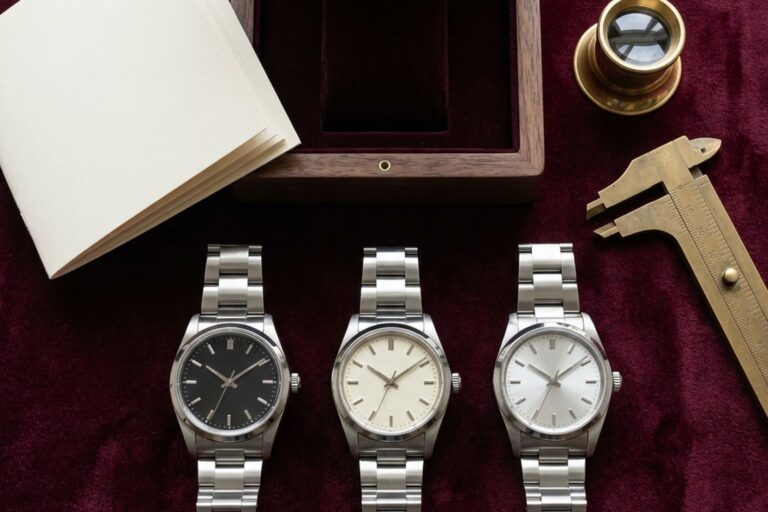 Drei hochwertige Armbanduhren mit Uhrenbox, Lupe und Messschieber auf bordeauxfarbenem Samt