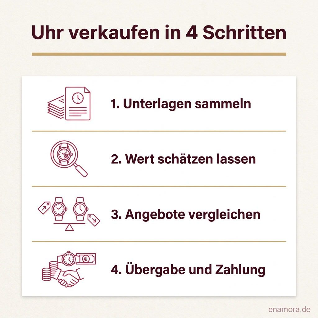 Infografik: Uhr verkaufen in vier Schritten - Unterlagen sammeln, Wert schätzen lassen, Angebote vergleichen, Übergabe und Zahlung